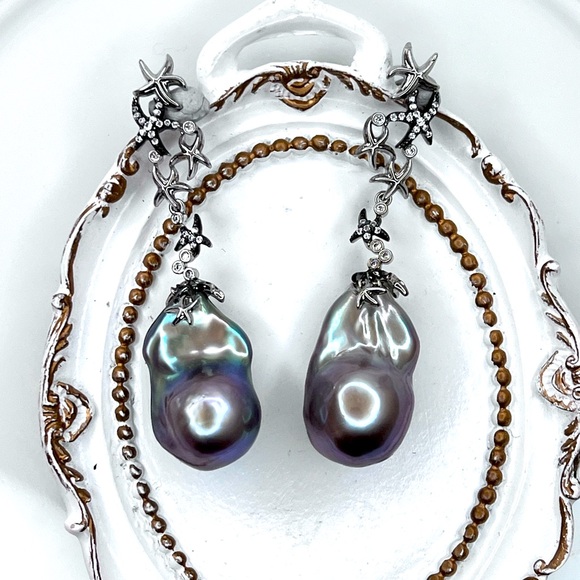 Pearl Jewelry - Handmade Blue Lavender Freshwater Big Size Flameball Pearl Starfish  Earrings